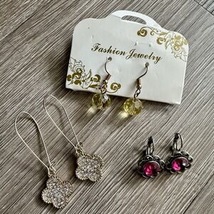 VTG Dangle Earrings 3 Pairs Flower Bead Crystal‎ Rhinestones Boho Multicolor